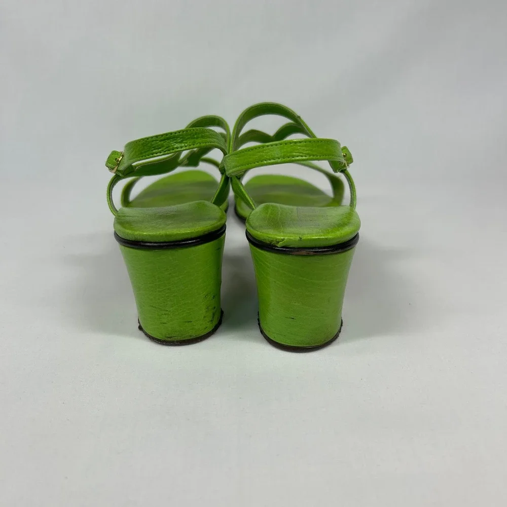 Vintage Divina Made in Italy Lime Green Sandals – Y2K Leather T-Strap Heels 9.5N